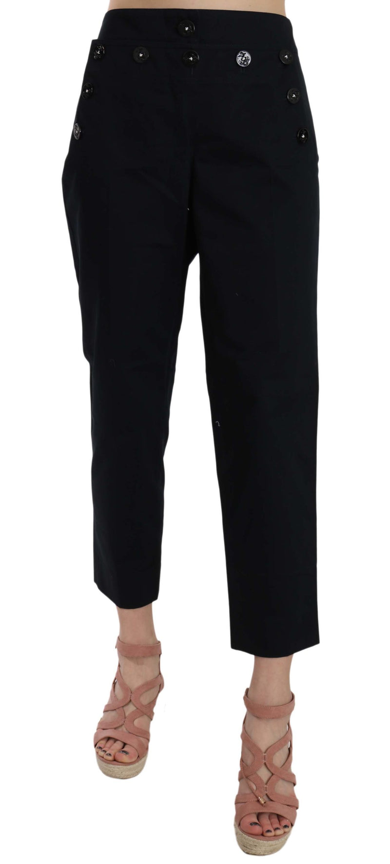 Black Cropped Front Button Embellished Pants