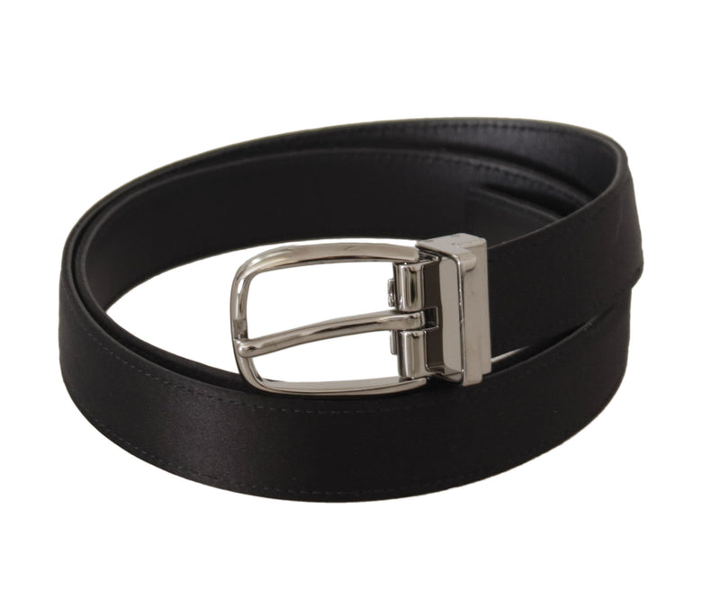 Black Calf Leather Silver Logo Metal Buckle Belt