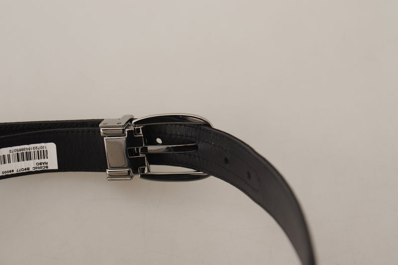 Black Calf Leather Silver Logo Metal Buckle Belt