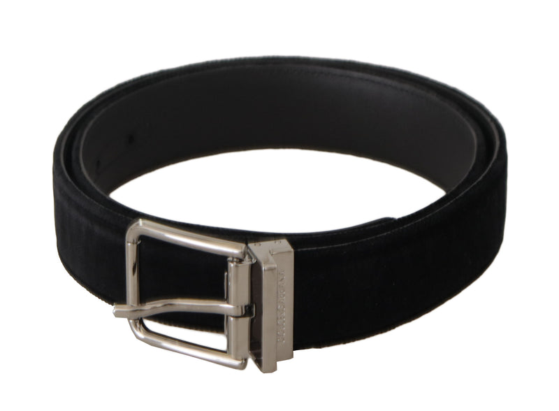 Black Velvet Silver Logo Engraved Metal Buckle Belt