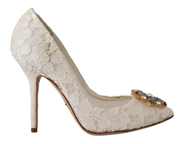 White Taormina Lace Crystal Heels Pumps