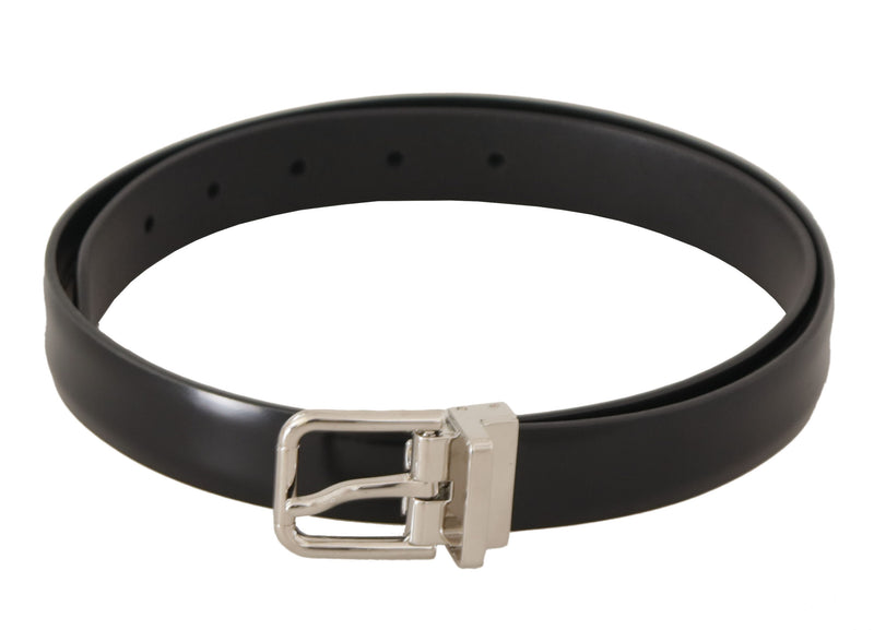 Black Calf Leather Silver Metal Logo Buckle Belt