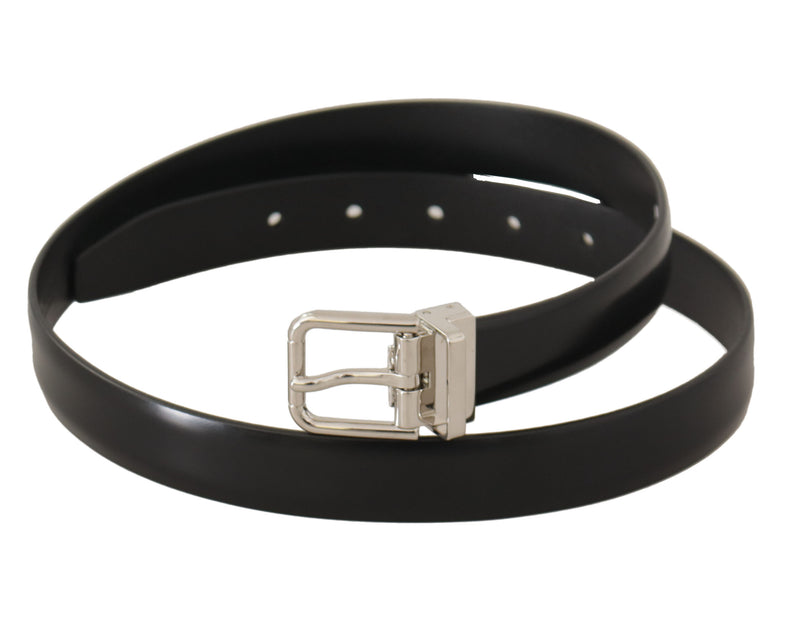 Black Calf Leather Silver Metal Logo Buckle Belt