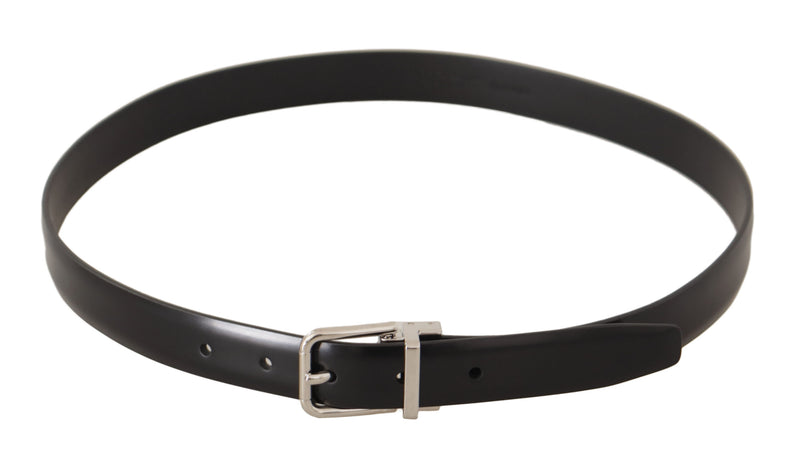 Black Calf Leather Silver Metal Logo Buckle Belt