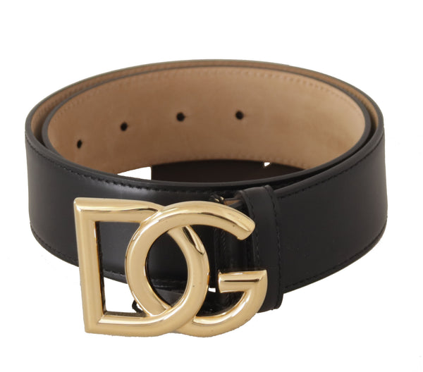 Black Calf Leather Gold DG Logo Metal Buckle Belt