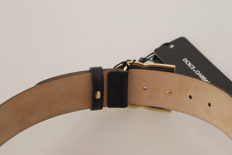 Black Calf Leather Gold DG Logo Metal Buckle Belt