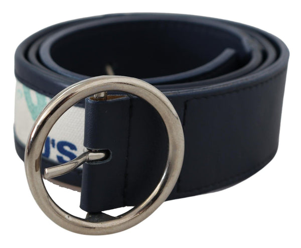 Navy Blue Leather Round Silver Buckle Belt