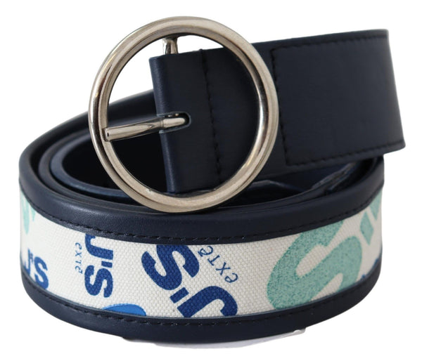 Navy Blue Leather Round Silver Buckle Belt