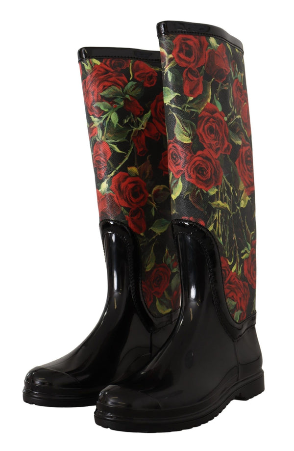 Black Rubber Red Roses Rain Knee High Boots