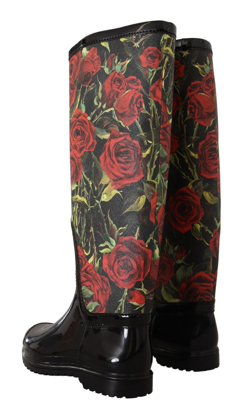 Black Rubber Red Roses Rain Knee High Boots