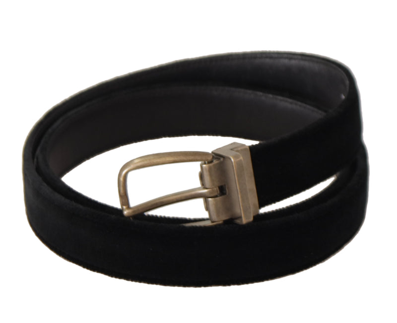 Black Alta Sartoria Velvet Gold Metal Buckle Belt