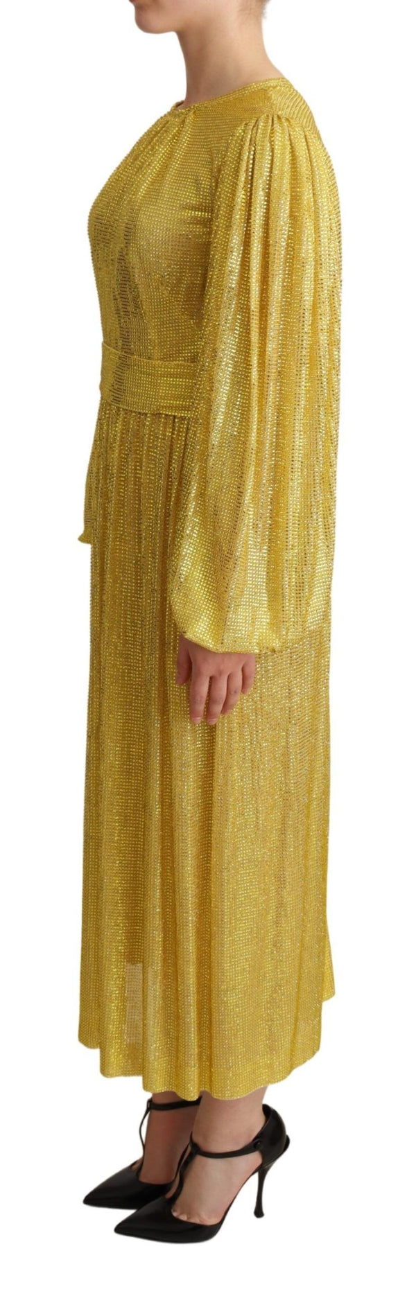 Yellow Crystal Mesh Pleated Maxi Dress