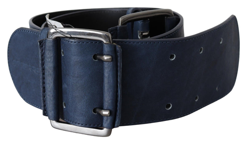 Blue Leather Wide Silver Chrome Double Belt