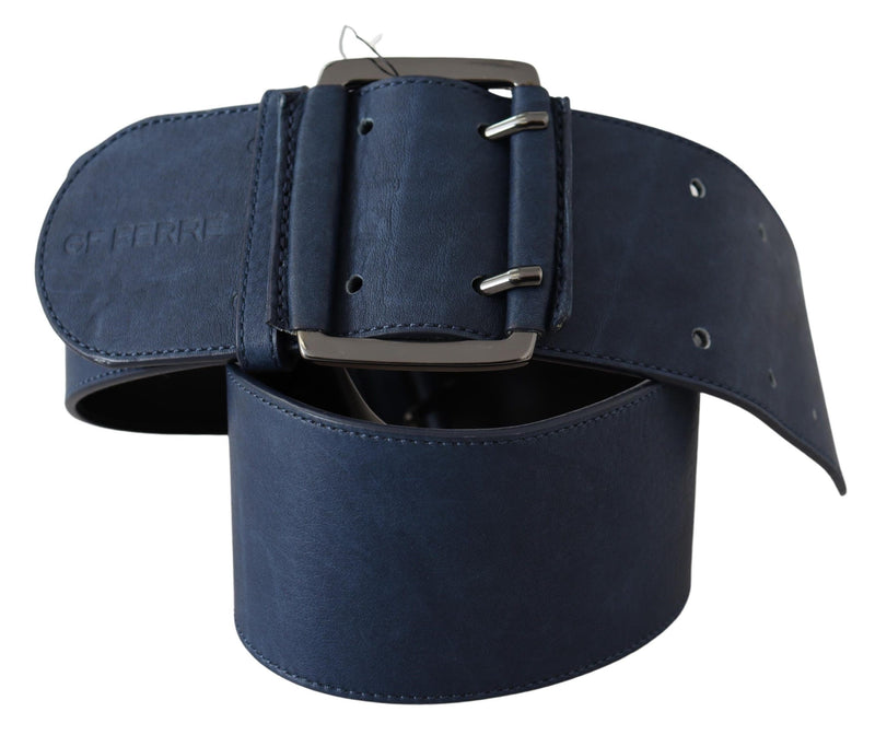 Blue Leather Wide Silver Chrome Double Belt