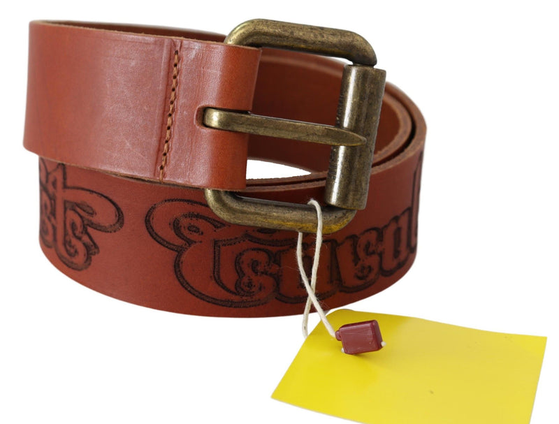 Brown Leather Logo Bronze Rustic Metal Buckle Belt