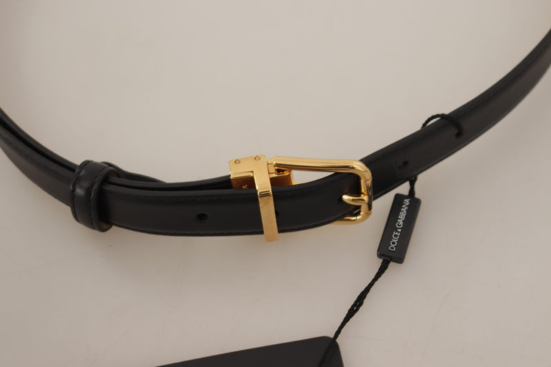 Black Calf Leather Gold Metal Logo Waist Buckle Belt