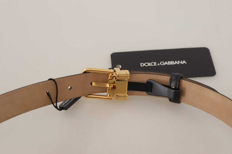 Black Calf Leather Gold Metal Logo Waist Buckle Belt