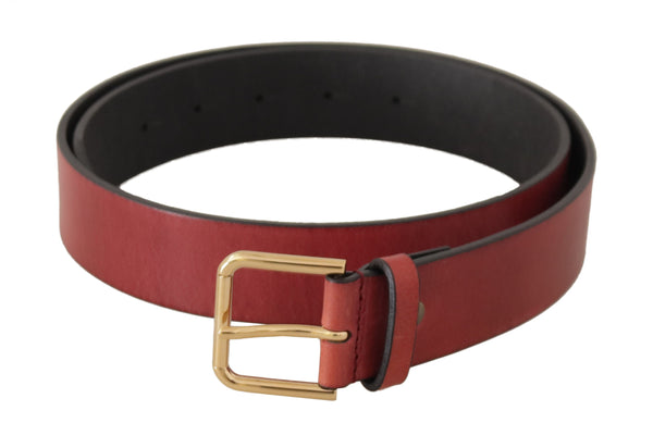 Red Leather Gold Logo Engraved Metal Buckle Belt