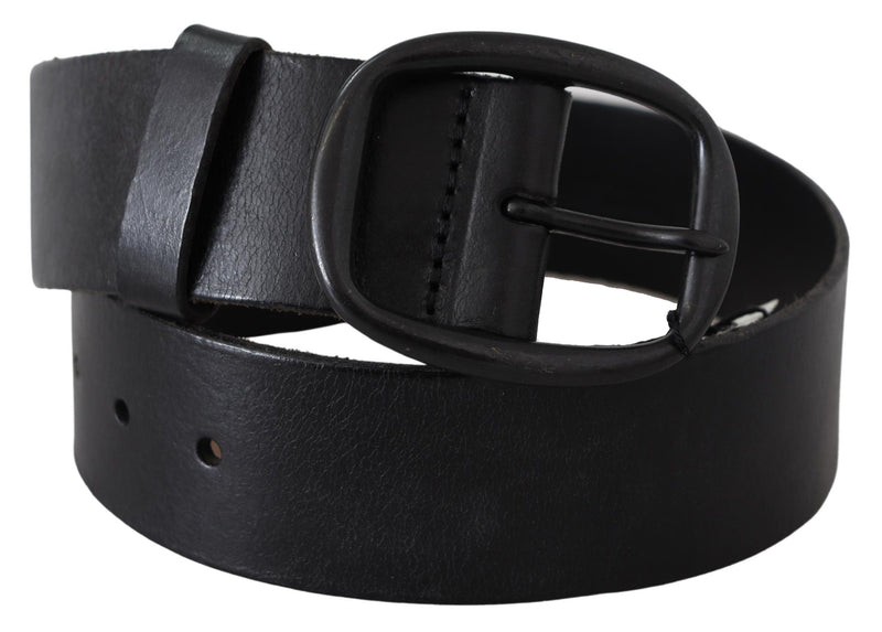 Black Genuine Leather Oval Metal Buckle Belt