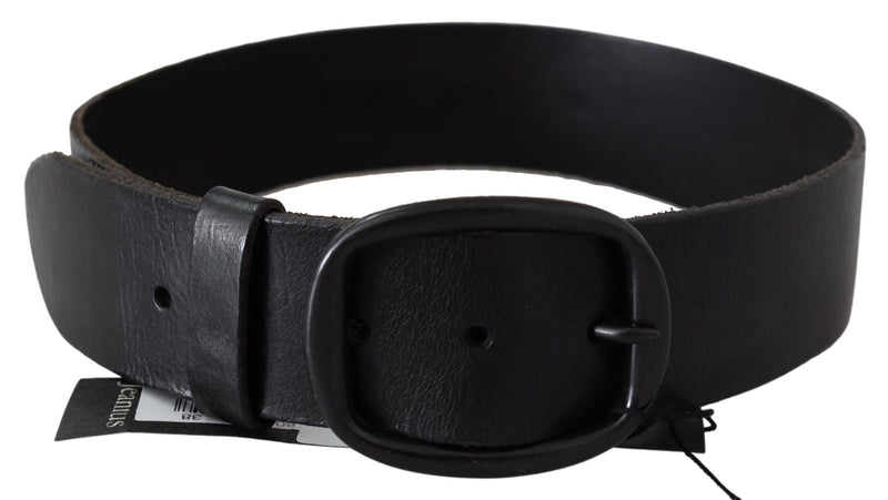 Black Genuine Leather Oval Metal Buckle Belt