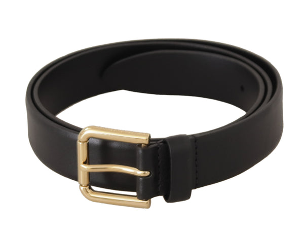 Black Calf Leather Gold Tone Metal Buckle Belt