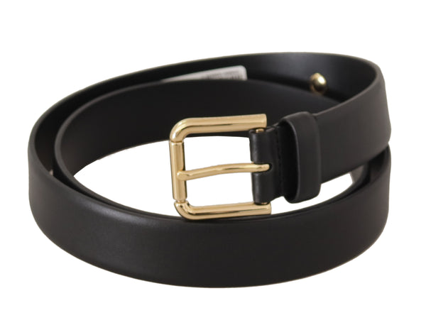 Black Calf Leather Gold Tone Metal Buckle Belt