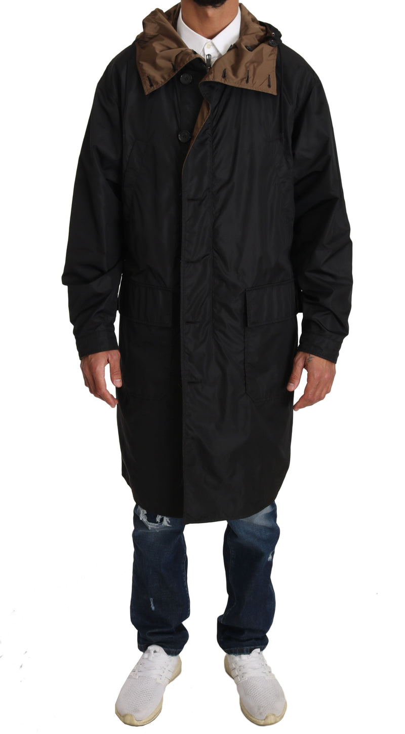 Black Brown Hooded Reversible Raincoat