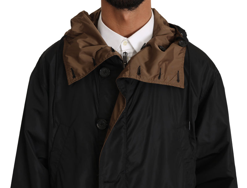 Black Brown Hooded Reversible Raincoat