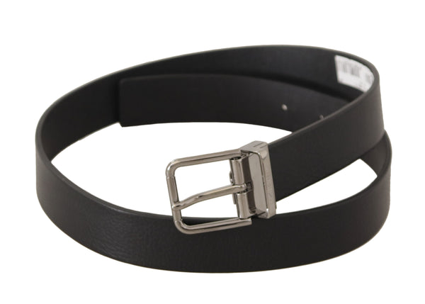 Black Plain Leather Silver Tone Metal Buckle Belt