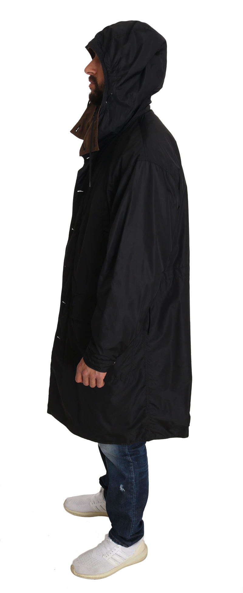 Black Brown Hooded Reversible Raincoat