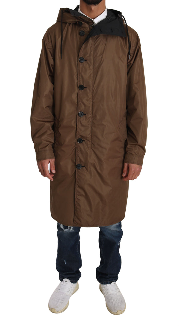 Black Brown Hooded Reversible Raincoat