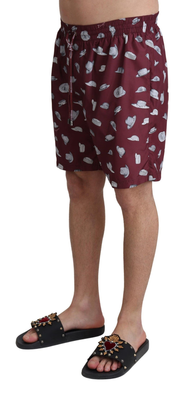 Maroon Hats Print Beachwear Shorts Swimwear