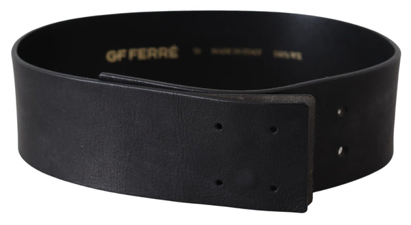 Black Genuine Leather Wide Logo Waist Belt