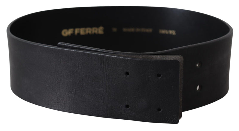 Black Genuine Leather Wide Logo Waist Belt