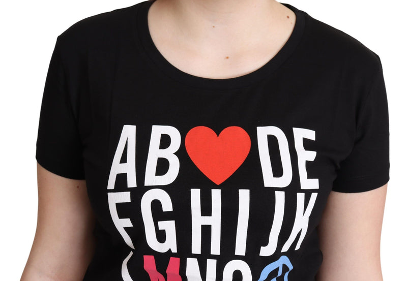 Black Cotton Alphabet Letter Print Tops T-shirt