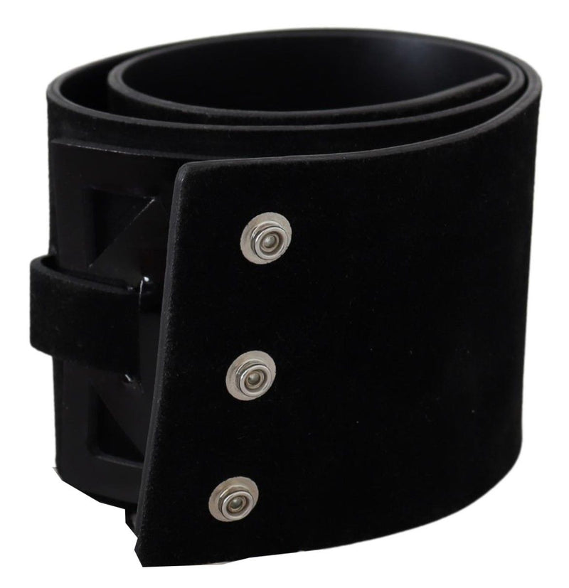 Black Leather Wide Silver Logo Design Buckle Belt