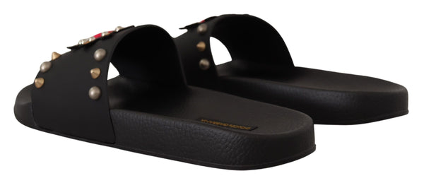 Black Leather Sandals Slides Slip Shoes