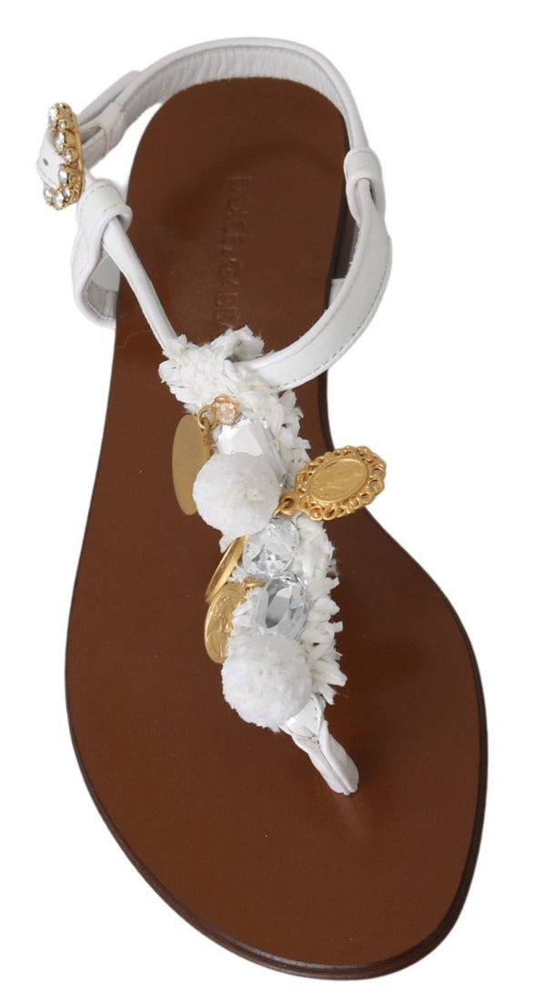 White Leather Coins Flip Flops Sandals Shoes