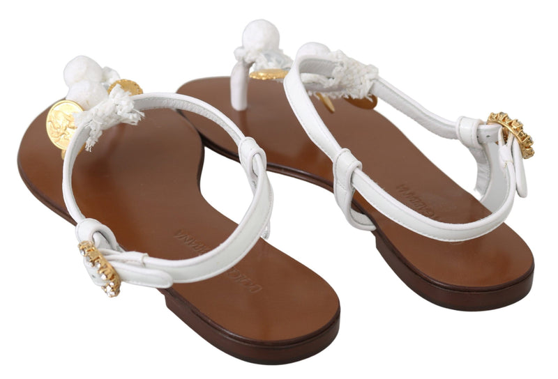 White Leather Coins Flip Flops Sandals Shoes