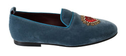 Blue Velvet Flats Heart Loafers Shoes