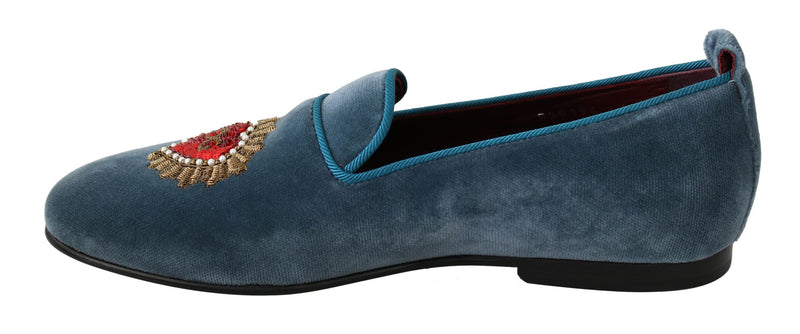 Blue Velvet Flats Heart Loafers Shoes