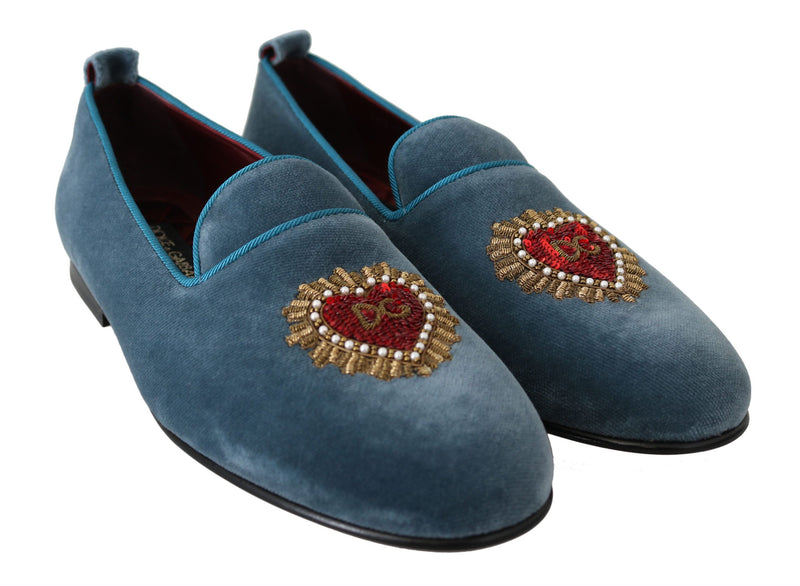 Blue Velvet Flats Heart Loafers Shoes