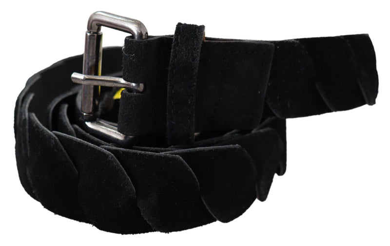 Black Leather Twist Velvet Silver Buckle Waist Belt