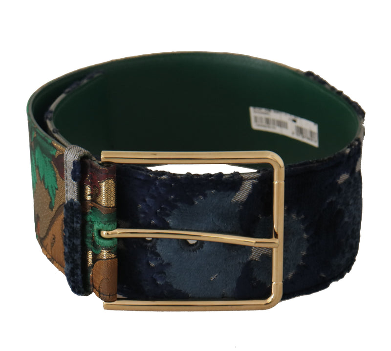 Green Jacquard Embroid Leather Gold Metal Buckle Belt