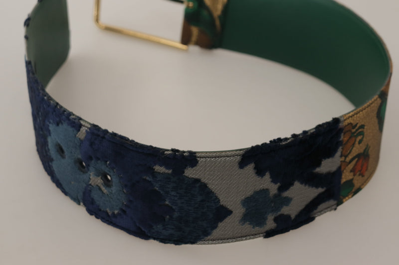 Green Jacquard Embroid Leather Gold Metal Buckle Belt