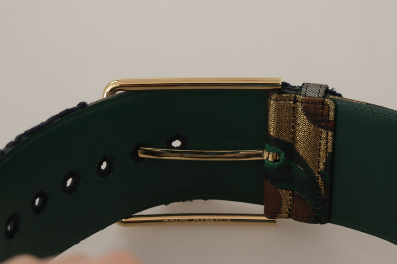 Green Jacquard Embroid Leather Gold Metal Buckle Belt