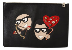 Black #dgfamily Leather Hand Pouch Borse Clutch Wallet