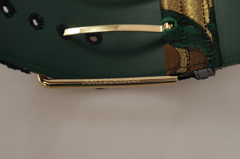 Green Jacquard Embroid Leather Gold Metal Buckle Belt