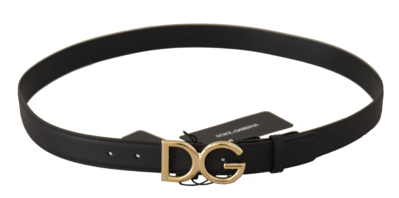 Black Leather Gold Metal DG Logo Waist Buckle Belt