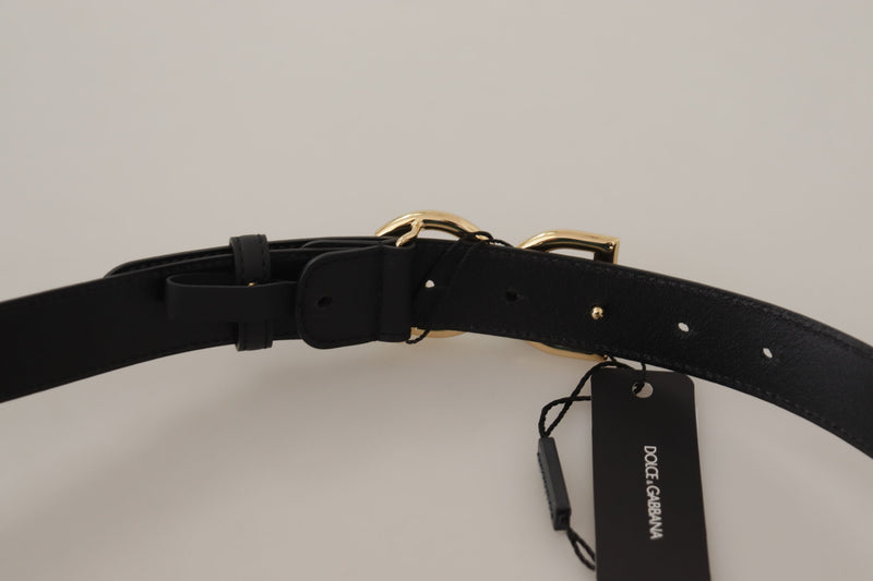 Black Leather Gold Metal DG Logo Waist Buckle Belt